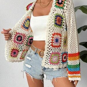 Colorful Granny Square Crochet Open-Front Sweater